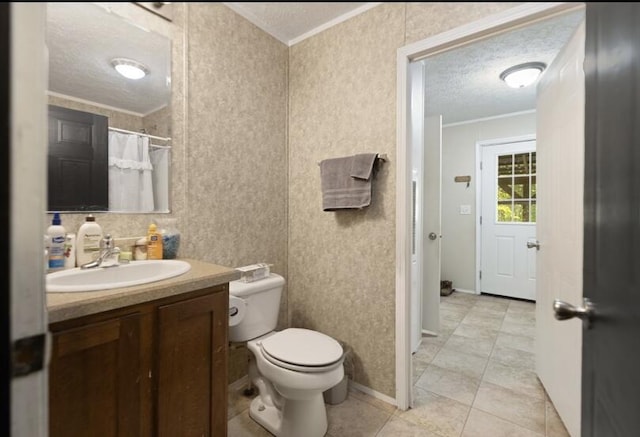 2745 Farris Branch Rd, Wallingford, KY 41093 - bathroom with a textured ceiling, crown molding, vanity, toilet, and tile patterned floors