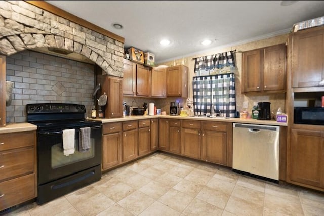 2745 Farris Branch Rd, Wallingford, KY 41093 - kitchen with black appliances, a sink, light countertops, brown cabinetry, and backsplash