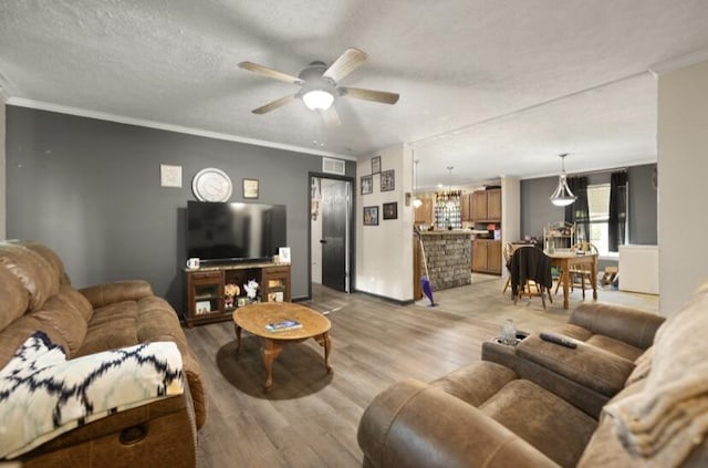 2745 Farris Branch Rd, Wallingford, KY 41093 - living room with light wood-type flooring, ceiling fan, crown molding, and a textured ceiling