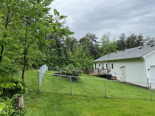 view of yard featuring a fenced backyard and a wooden deck