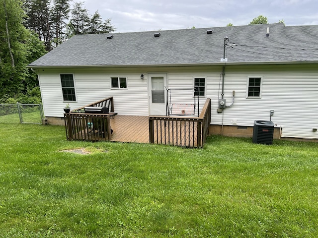 back of house featuring crawl space, a deck, central AC, fence, and a shingled roof