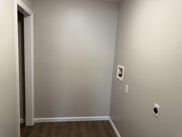 clothes washing area with washer hookup, hookup for an electric dryer, laundry area, dark wood-style flooring, and baseboards