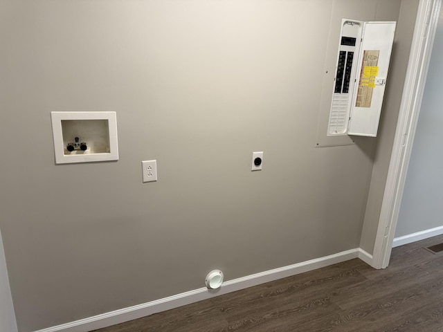 laundry room with washer hookup, electric panel, dark wood-style flooring, electric dryer hookup, and baseboards