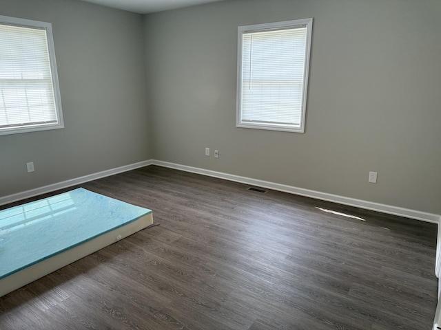 spare room with plenty of natural light, baseboards, and dark wood-style flooring
