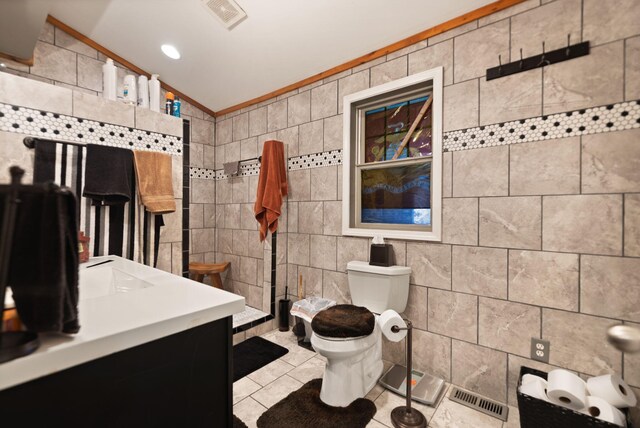 88 Plum St, Stanton, KY 40380 - full bath with tile walls, tile patterned flooring, toilet, ornamental molding, and a tile shower
