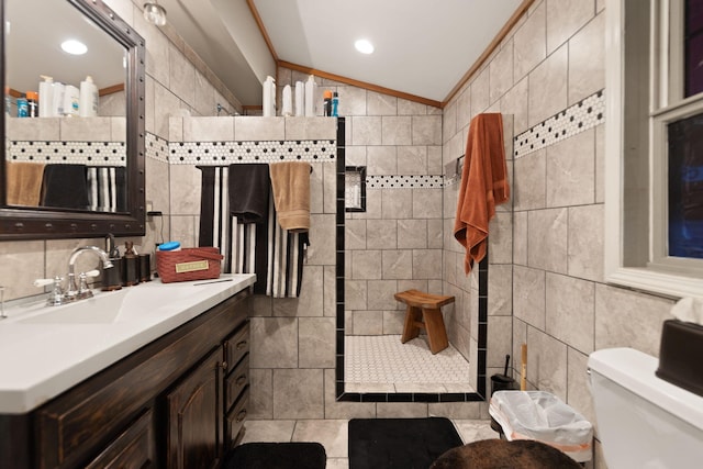88 Plum St, Stanton, KY 40380 - bathroom with tile walls, lofted ceiling, walk in shower, ornamental molding, and toilet