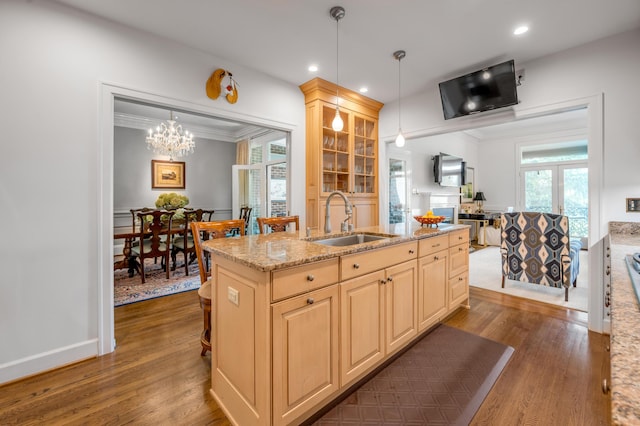 101 Idle Hour Dr Unit 1, Lexington, KY 40502 - kitchen featuring a sink, ornamental molding, open floor plan, dark wood-style floors, and decorative light fixtures