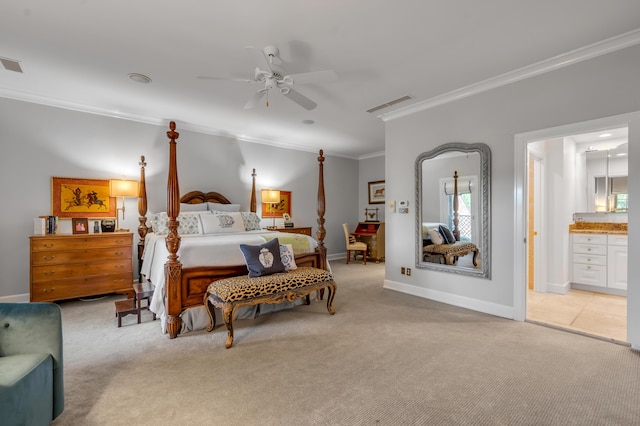 101 Idle Hour Dr Unit 1, Lexington, KY 40502 - bedroom with crown molding, light carpet, baseboards, ceiling fan, and ensuite bath