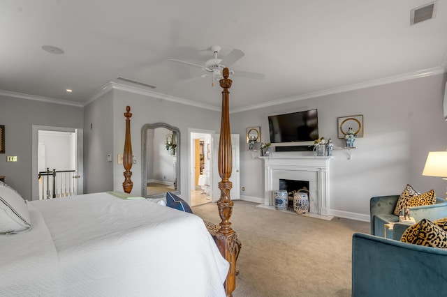 101 Idle Hour Dr Unit 1, Lexington, KY 40502 - bedroom with carpet floors, crown molding, baseboards, a fireplace, and ceiling fan