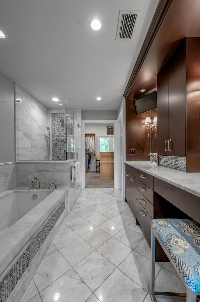 101 Idle Hour Dr Unit 1, Lexington, KY 40502 - full bathroom with a bath, recessed lighting, vanity, a tile shower, and tile patterned floors