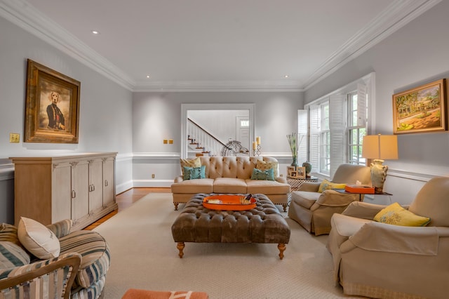 101 Idle Hour Dr Unit 1, Lexington, KY 40502 - living area with crown molding, stairs, recessed lighting, wainscoting, and light wood-type flooring
