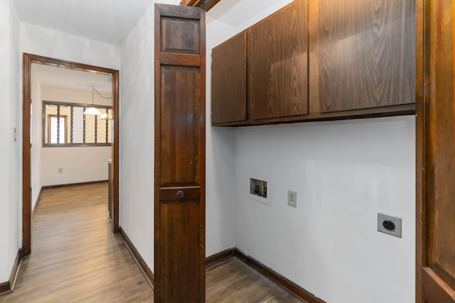 3716 Hickory Hill Dr, Somerset, KY 42503 - washroom featuring light wood finished floors, cabinet space, hookup for an electric dryer, hookup for a washing machine, and baseboards