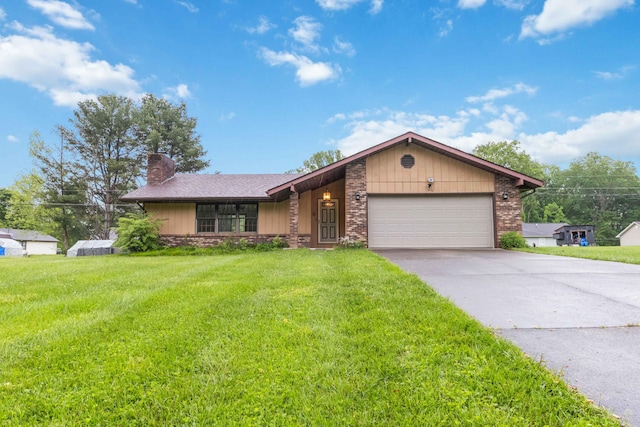 3716 Hickory Hill Dr, Somerset, KY 42503 - ranch-style house with a chimney, driveway, an attached garage, stone siding, and a front lawn
