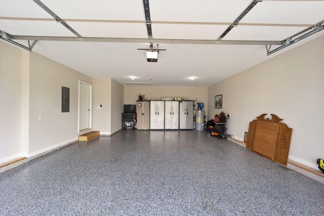 garage with electric panel, water heater, baseboards, and a garage door opener