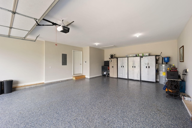 garage with electric water heater, electric panel, baseboards, and a garage door opener