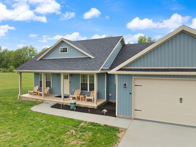 view of front of property featuring a porch, roof with shingles, an attached garage, concrete driveway, and a front lawn