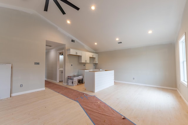 301 Meece St, Somerset, KY 42501 - unfurnished living room featuring ceiling fan, light wood-style floors, recessed lighting, baseboards, and high vaulted ceiling