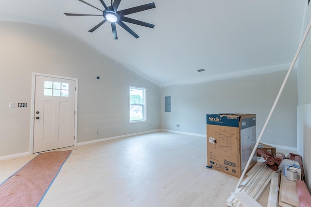 301 Meece St, Somerset, KY 42501 - unfurnished living room with a ceiling fan, light wood-style floors, electric panel, baseboards, and high vaulted ceiling