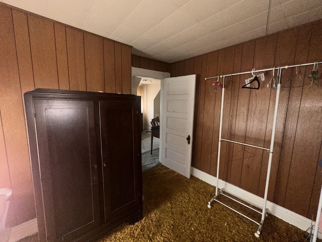 kitchen with carpet flooring, wood walls, and baseboards
