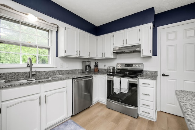 2912 Jason Ct, Lexington, KY 40503 - kitchen with stainless steel appliances, under cabinet range hood, a sink, light wood-style floors, and stone countertops