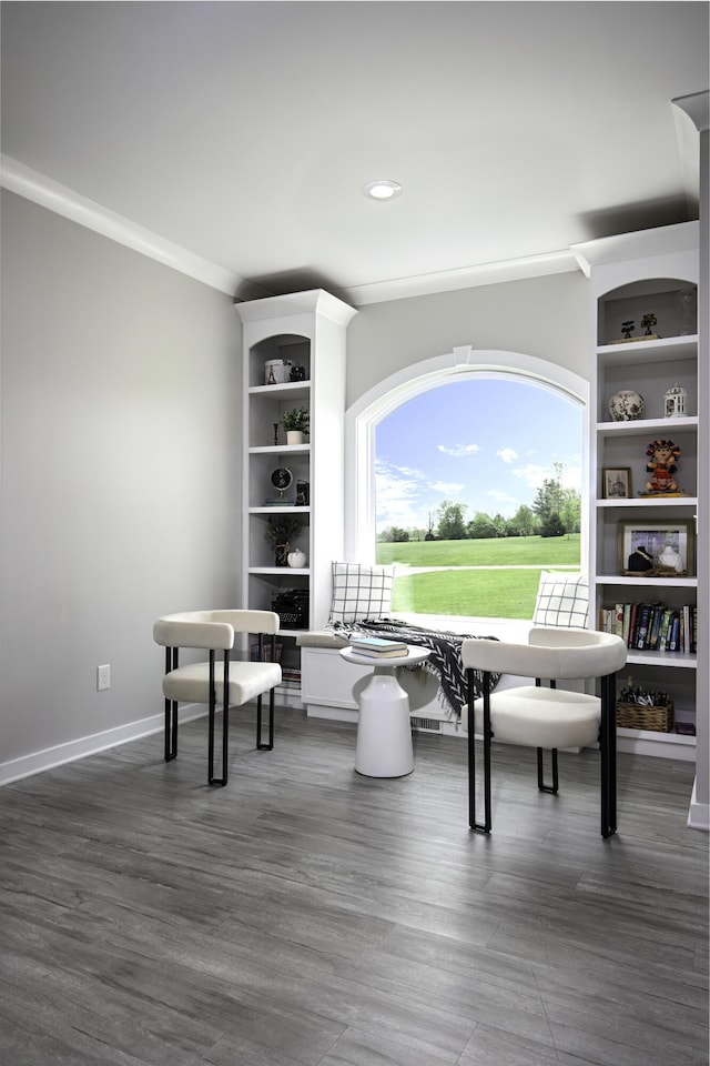 dining space featuring recessed lighting, dark wood finished floors, and baseboards
