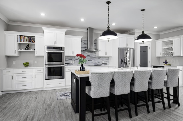 101 Creek Ridge Dr, Nicholasville, KY 40356 - kitchen with open shelves, wall chimney range hood, appliances with stainless steel finishes, a sink, and crown molding