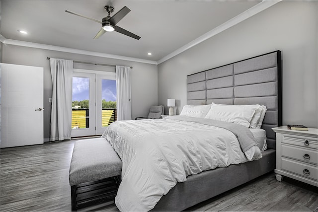 bedroom featuring access to exterior, ornamental molding, dark wood-style flooring, ceiling fan, and recessed lighting