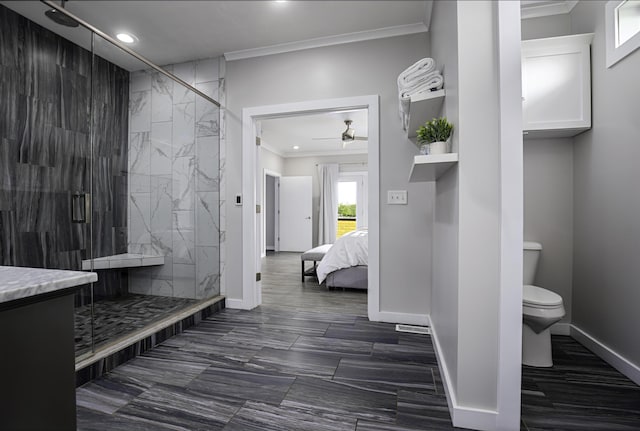 full bath with crown molding, a ceiling fan, a marble finish shower, toilet, and recessed lighting