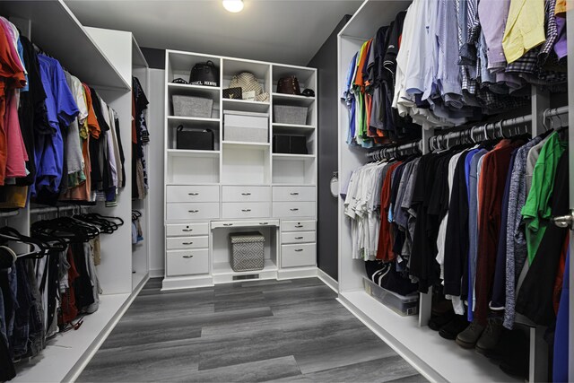 spacious closet with dark wood-style flooring