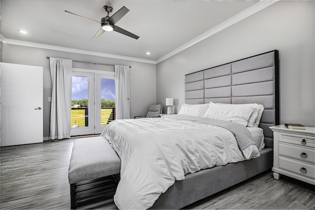 101 Creek Ridge Dr, Nicholasville, KY 40356 - bedroom with access to exterior, dark wood finished floors, crown molding, recessed lighting, and a ceiling fan