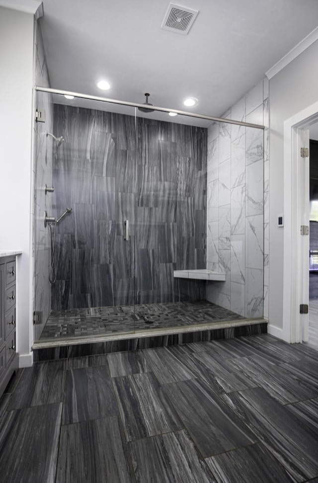 101 Creek Ridge Dr, Nicholasville, KY 40356 - full bathroom featuring recessed lighting, a marble finish shower, vanity, and marble look tiles