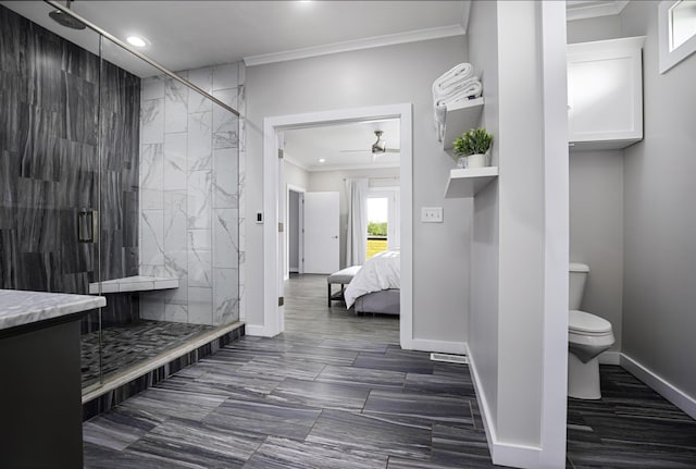 101 Creek Ridge Dr, Nicholasville, KY 40356 - bathroom with ornamental molding, a marble finish shower, toilet, ceiling fan, and recessed lighting