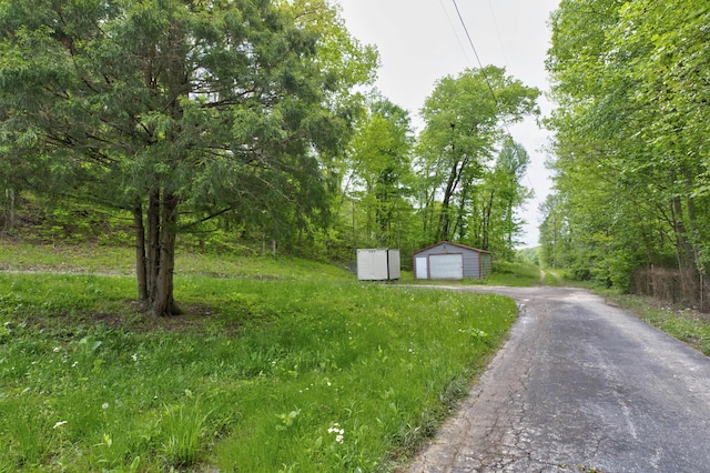 246 Pottersville Rd, Means, KY 40346 - view of yard featuring asphalt driveway, an outbuilding, and a garage
