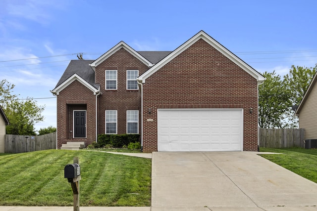 traditional home with brick siding, concrete driveway, and a garage