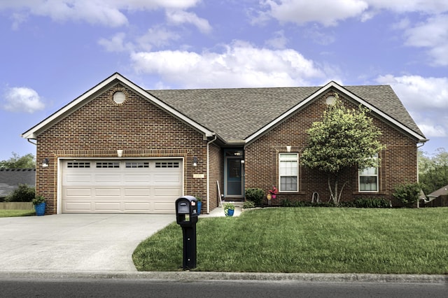 ranch-style home featuring concrete driveway, brick siding, roof with shingles, and a front lawn