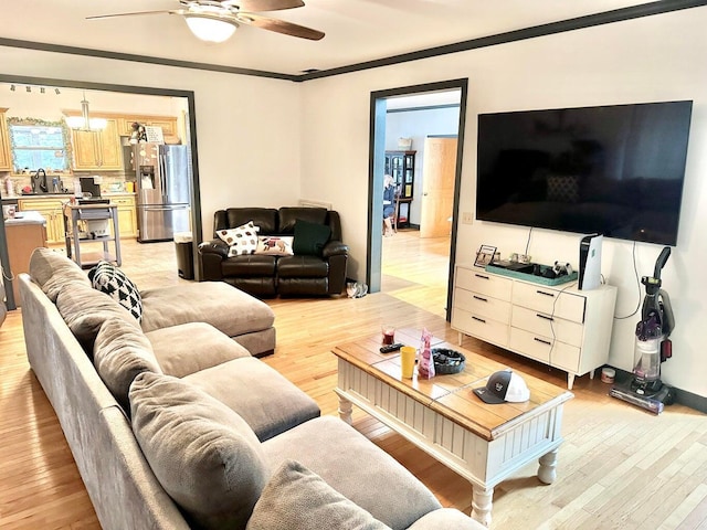 80 Jackson Rd, Somerset, KY 42503 - living area with a ceiling fan, light wood-style floors, and ornamental molding