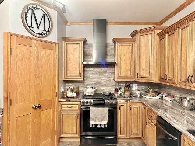 80 Jackson Rd, Somerset, KY 42503 - kitchen featuring backsplash, gas range, black dishwasher, and wall chimney exhaust hood
