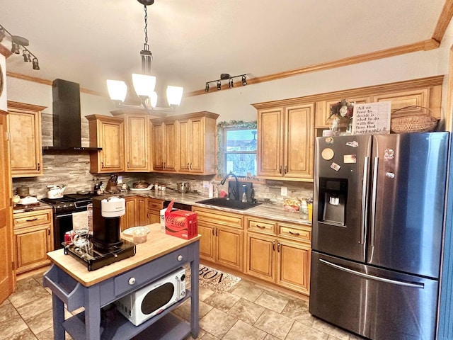 80 Jackson Rd, Somerset, KY 42503 - kitchen featuring stainless steel fridge, a sink, range with gas stovetop, wall chimney range hood, and tasteful backsplash