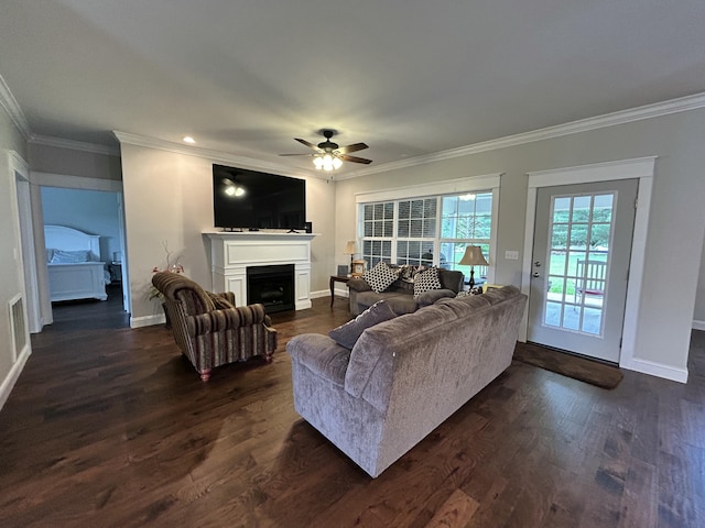 111 Fern Dr, Somerset, KY 42501 - living room with dark wood-type flooring, a ceiling fan, and ornamental molding