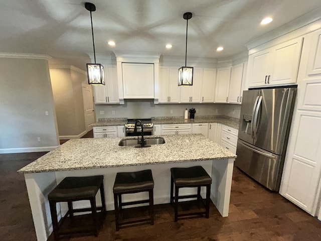 111 Fern Dr, Somerset, KY 42501 - kitchen with a sink, stainless steel refrigerator with ice dispenser, white cabinets, a kitchen island with sink, and recessed lighting