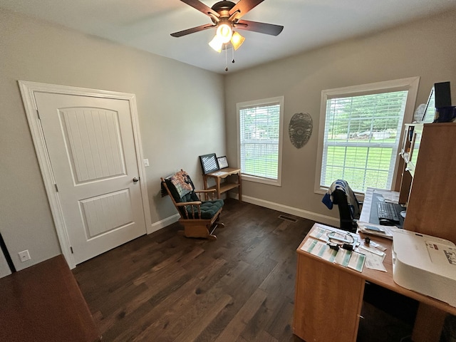 111 Fern Dr, Somerset, KY 42501 - home office featuring dark wood-type flooring, baseboards, and ceiling fan