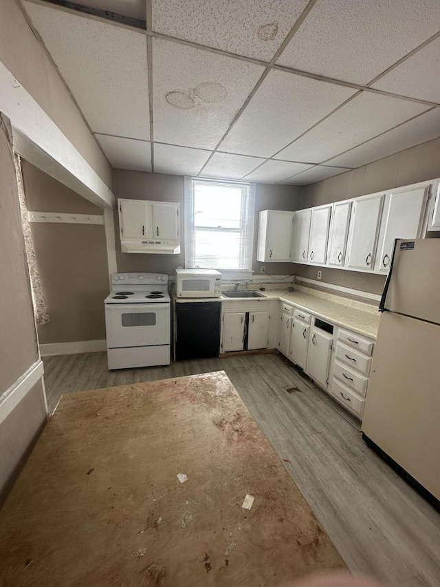 kitchen with white appliances, a sink, a drop ceiling, light wood finished floors, and white cabinetry