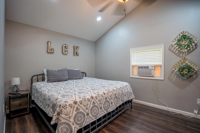 bedroom with a ceiling fan, cooling unit, baseboards, dark wood-style floors, and recessed lighting