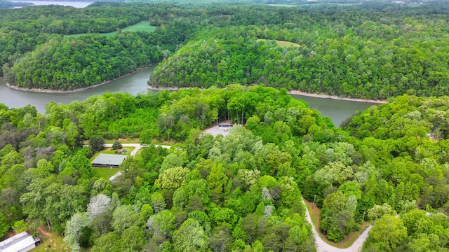 drone / aerial view with a water view and a view of trees