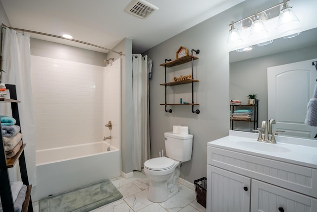 full bath featuring shower / bath combo with shower curtain, toilet, marble finish floor, visible vents, and vanity