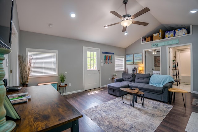 living area featuring lofted ceiling, wood finished floors, recessed lighting, ceiling fan, and baseboards