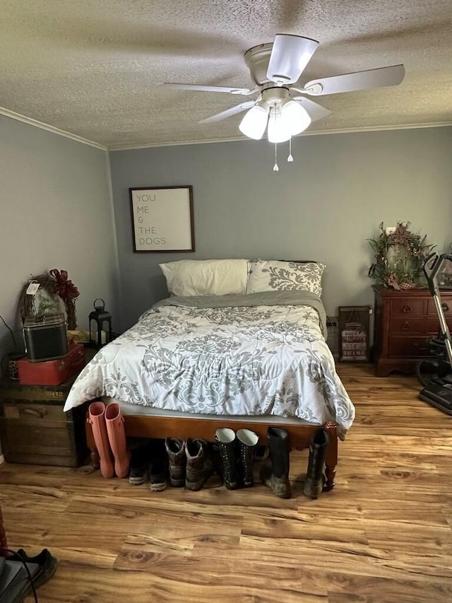 225 Mt Sterling Ave, Flemingsburg, KY 41041 - bedroom with crown molding, a textured ceiling, a ceiling fan, and wood finished floors