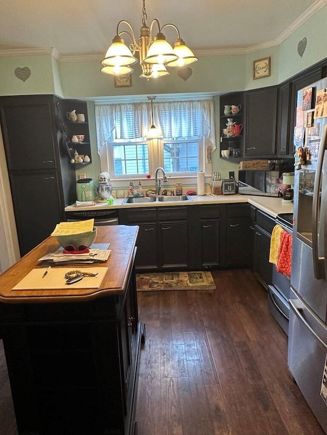225 Mt Sterling Ave, Flemingsburg, KY 41041 - kitchen with a sink, open shelves, dark wood finished floors, an inviting chandelier, and crown molding