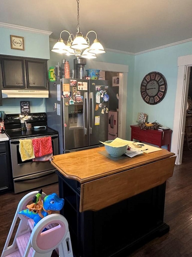 225 Mt Sterling Ave, Flemingsburg, KY 41041 - kitchen with stainless steel fridge with ice dispenser, crown molding, electric stove, under cabinet range hood, and a chandelier