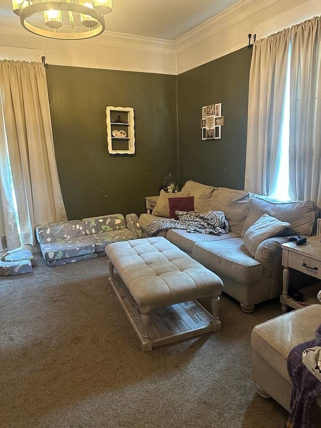 225 Mt Sterling Ave, Flemingsburg, KY 41041 - living area featuring a notable chandelier, carpet, and crown molding